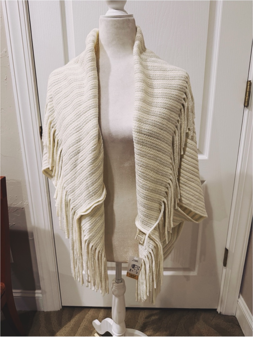 NWT Lurex Ivory Knit Vest Shawl with Fringe
